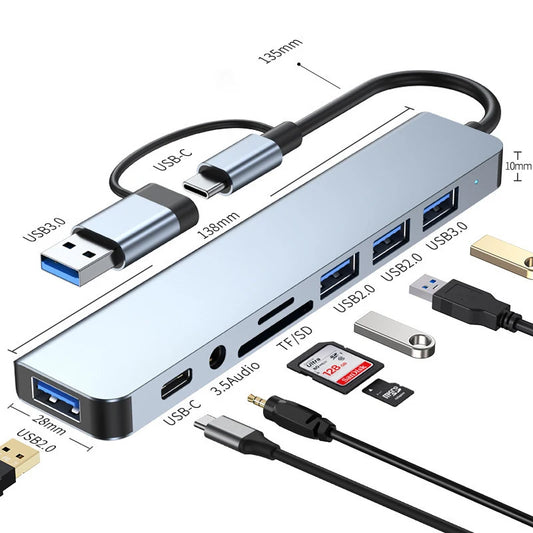 Hub USB-C 8 en 1 con HDMI, Audio y Lector de Tarjetas para Laptop y Celular